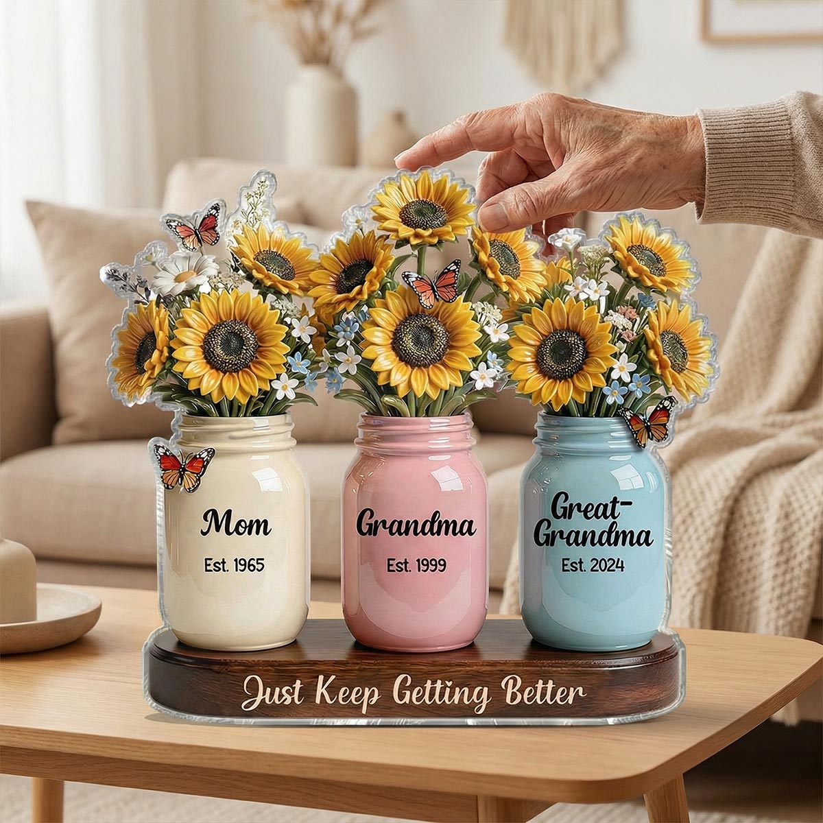 Mom Grandma Great Grandma Sunflowers Jars Est. Years 2D Flat - Personalized Acrylic Block Plaque