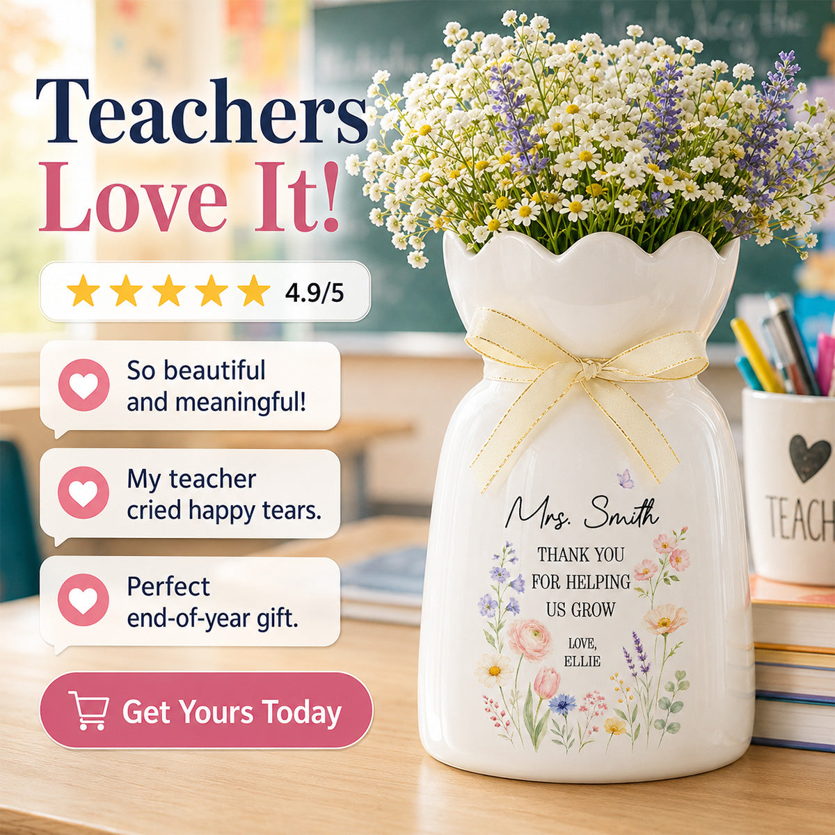 Thank You For Helping Us Grow - Personalized Ceramic Flower Vase - Teacher Appreciation Gift