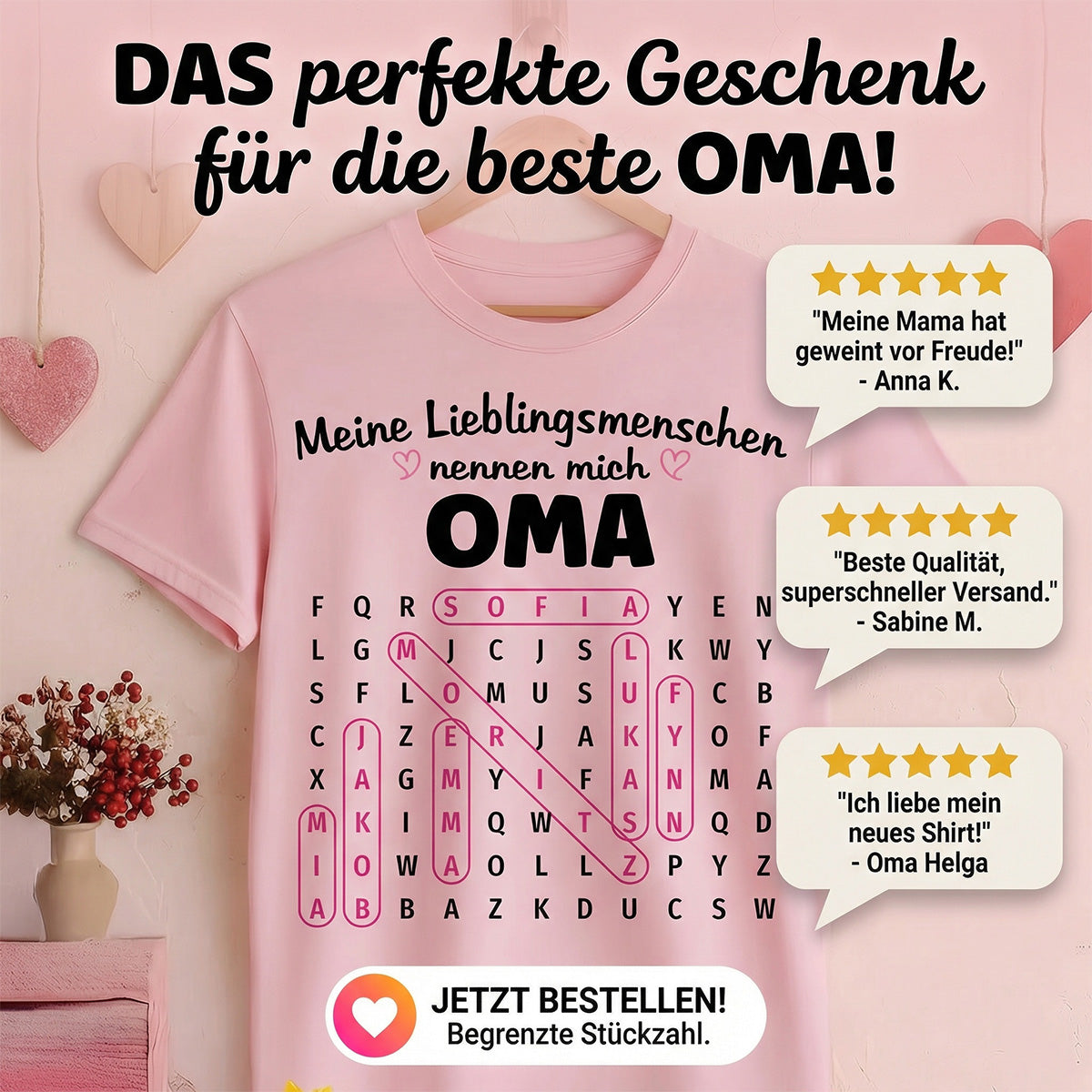 Meine Lieblingsmenschen nennen mich Oma Wortsuchrätsel – Personalisiertes Shirt – Geschenk für Oma