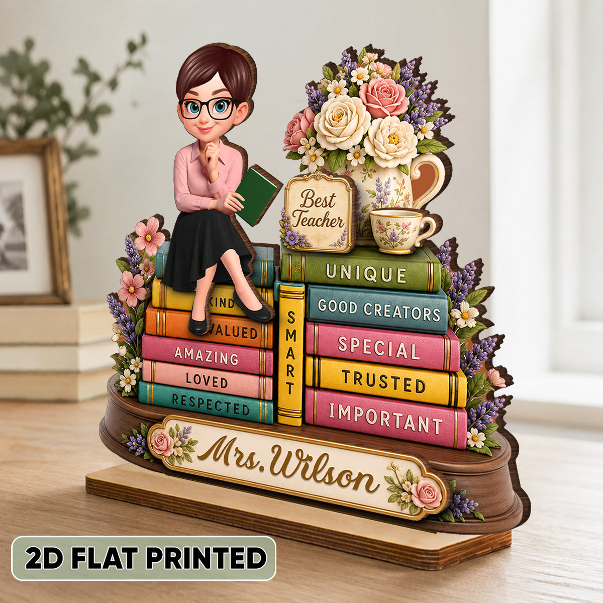 Floral Books Teacher - Personalized 2-Layered Wooden Plaque - Back To School Gift For Teachers Appreciation, Teacher Desk Name