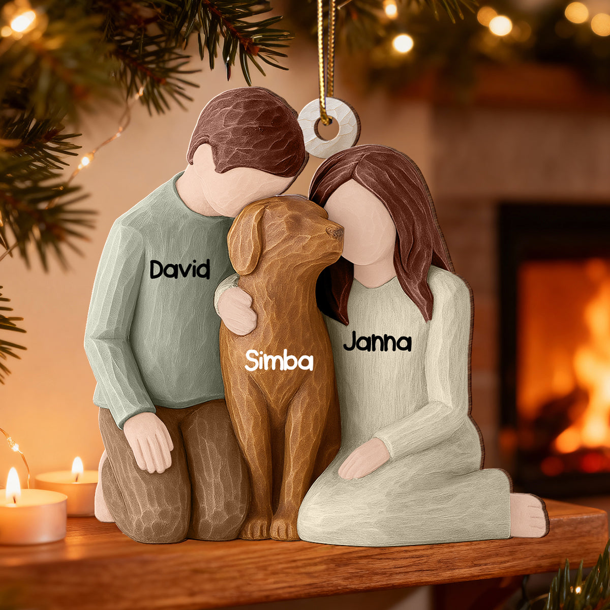Couple and the Dogs 3D Effect - Personalized Wooden Ornament - Christmas Gift for him, for her