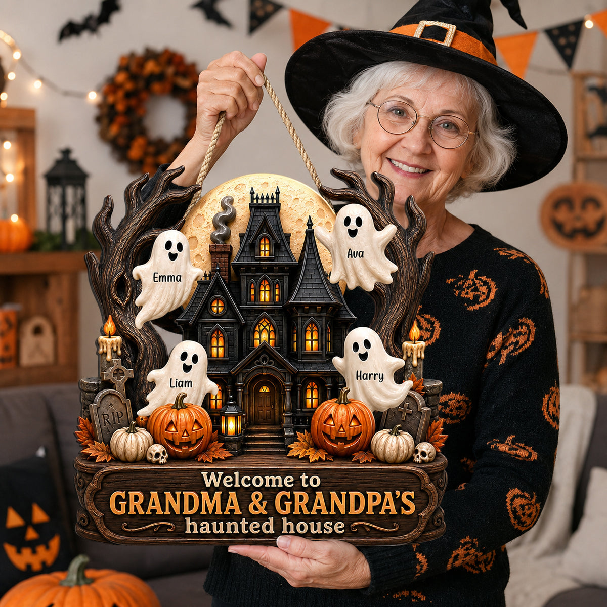 Grandma Grandpa's Halloween Haunted House - Personalized Door Sign - Halloween Decor for Grandparents