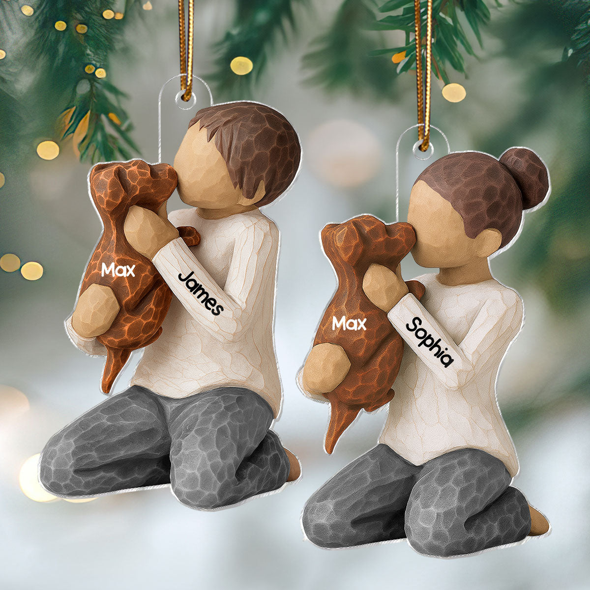 3D Effect Boy Girl Hugging Dog - Personalized Acrylic Ornament - Christmas Gift For Dog Lovers