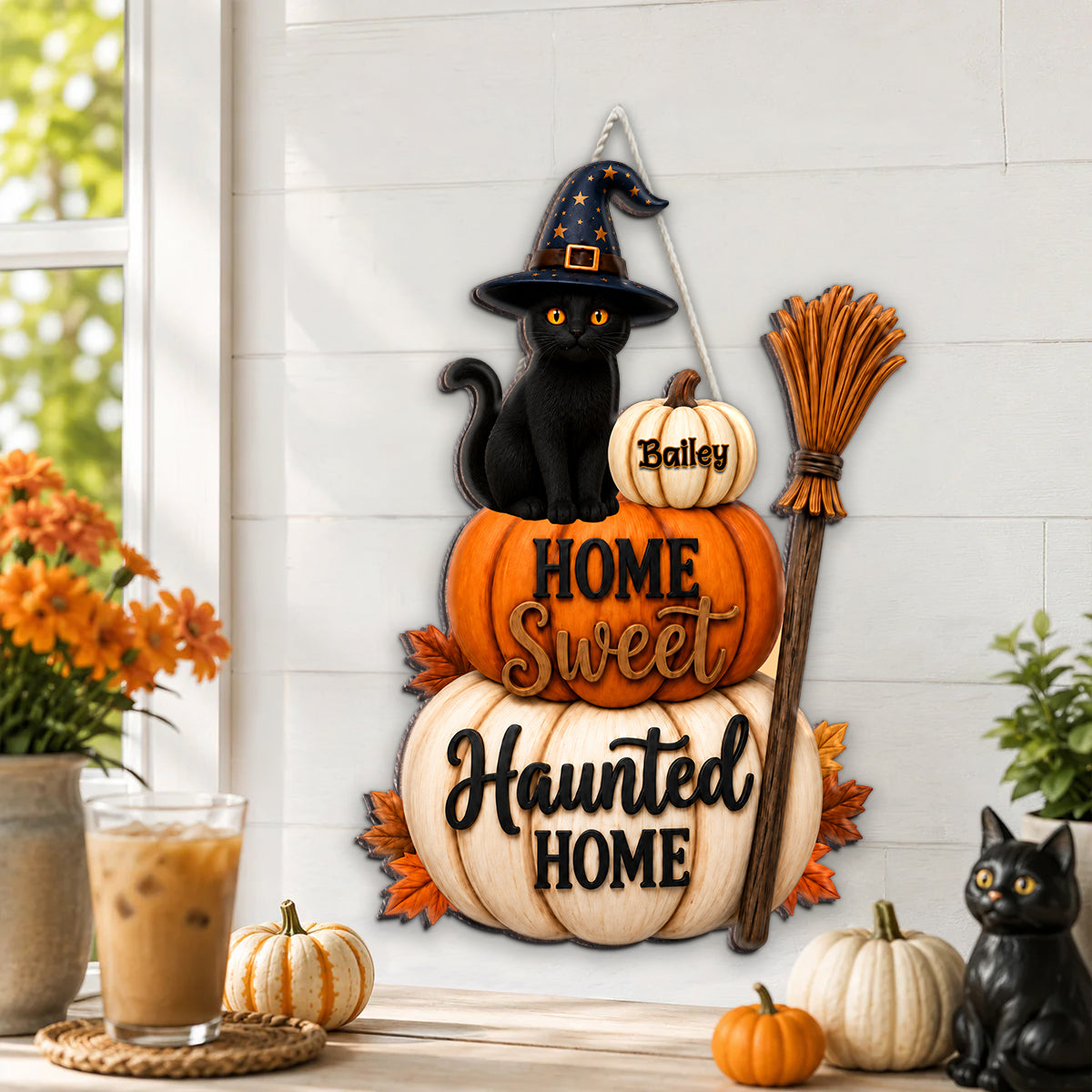 Home Sweet Haunted Home Cat - Personalized Wood Sign - Halloween Decor Gift, Gift For Cat Lovers