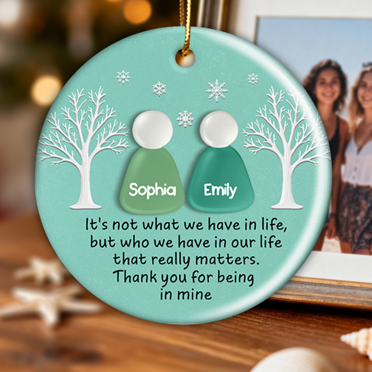 3D Teal Sea Glass Effect Christmas Besties Forever - Personalized Ceramic Ornament With Acrylic Pieces