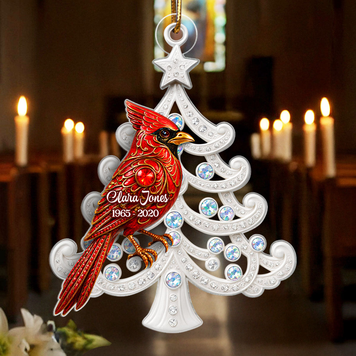 3D Metal Red Cardinal On Christmas Tree - Personalized Acrylic Ornament - Sympathy Christmas Gift For Loss Of Loved Ones