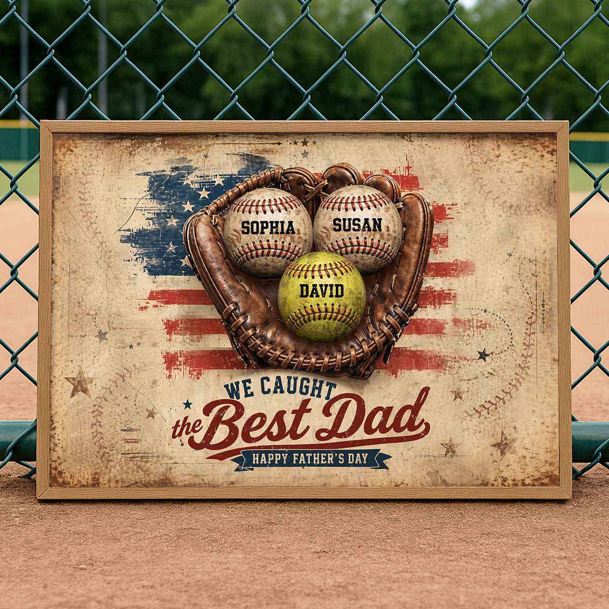American Flag Baseball We Caught the Best Dad - Personalized Poster - Father's Day Gift for Dad, Husband