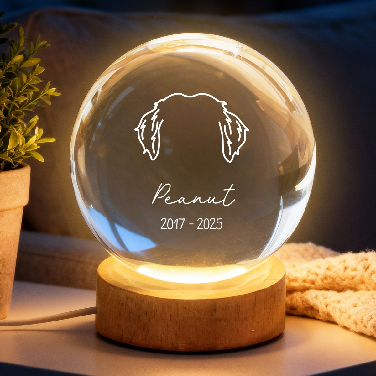 Dog Head Outline Memorial - Personalized Crystal Ball LED Night Light - Dog Memorial Remembrance Keepsake