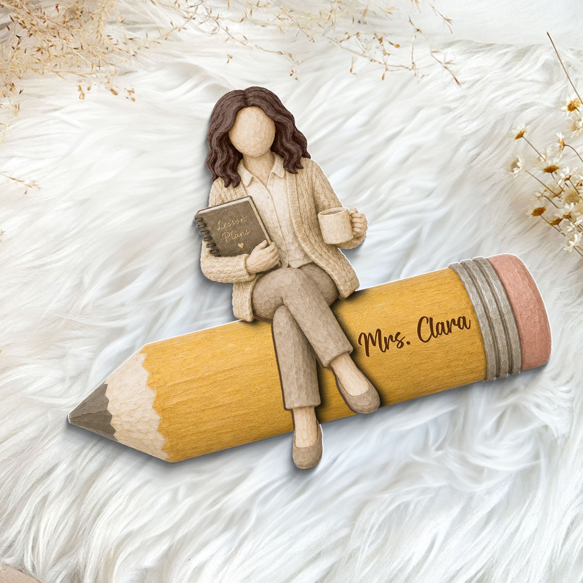 Teacher Sitting On Pencil 2D Flat - Personalized Wooden Plaque - Back To School Gift