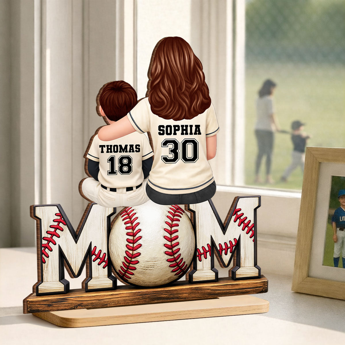 Baseball Mom and Kids Sitting Back View - Personalized 2-Layered Wooden Plaque - Heartfelt Gift for Mom