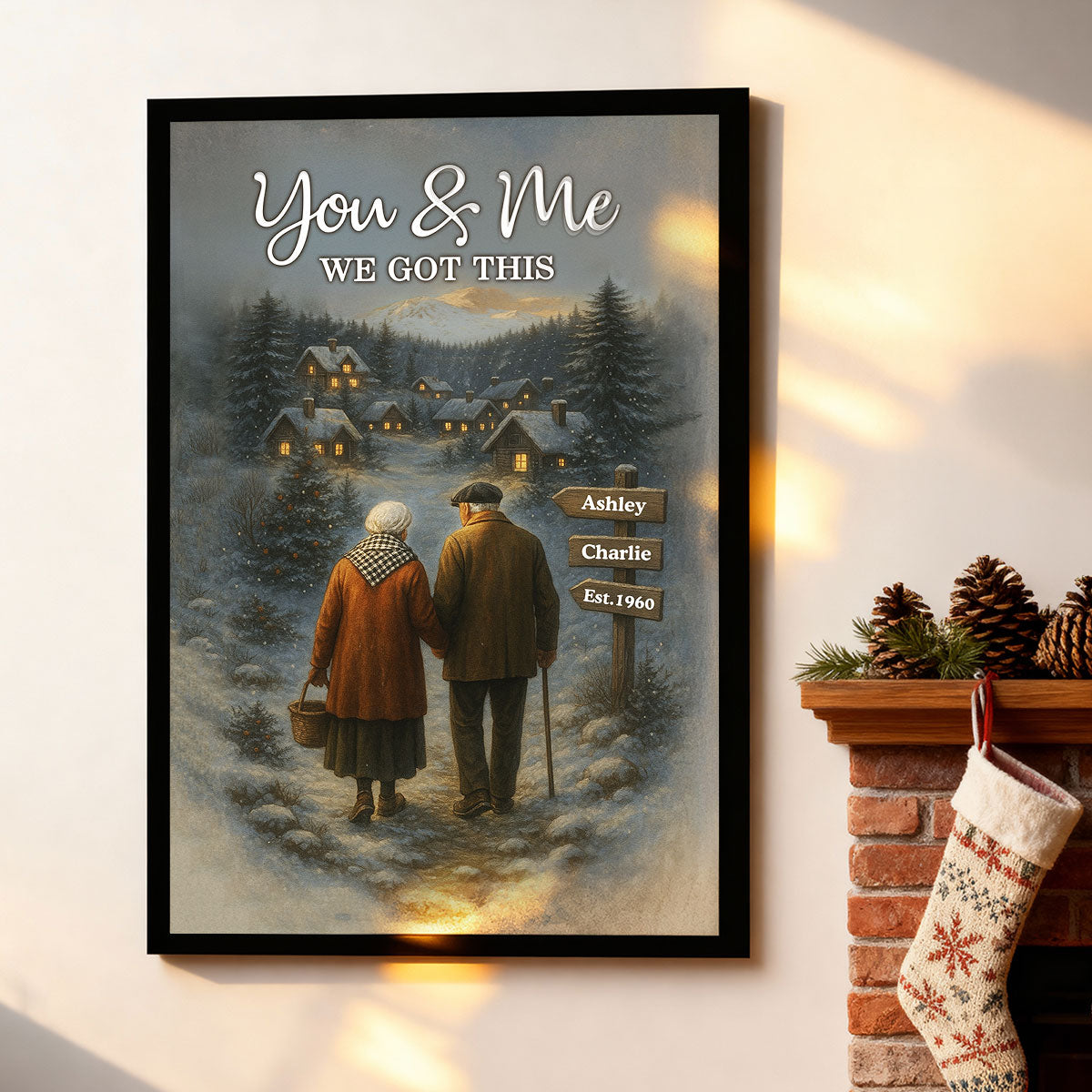 Old Couple Walking in Winter Scene - Personalized Poster - Heartwarming Christmas Gift for him, Gift for her