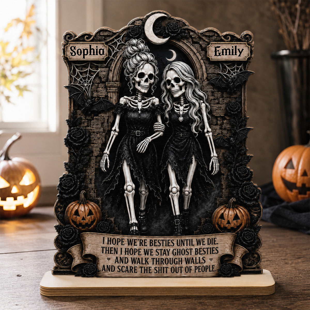 Skeleton Besties Walk Through Wall & Scare People 2D Flat - Personalized 2-Layered Wooden Plaque - Funny Work Bestie Gift, Halloween Keepsake For Best Friends