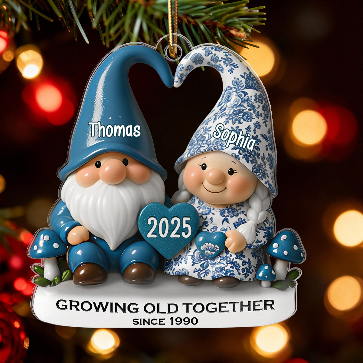 3D Effect Vintage Toile De Jouy Pattern Gnome Couple - Personalized Acrylic Ornament