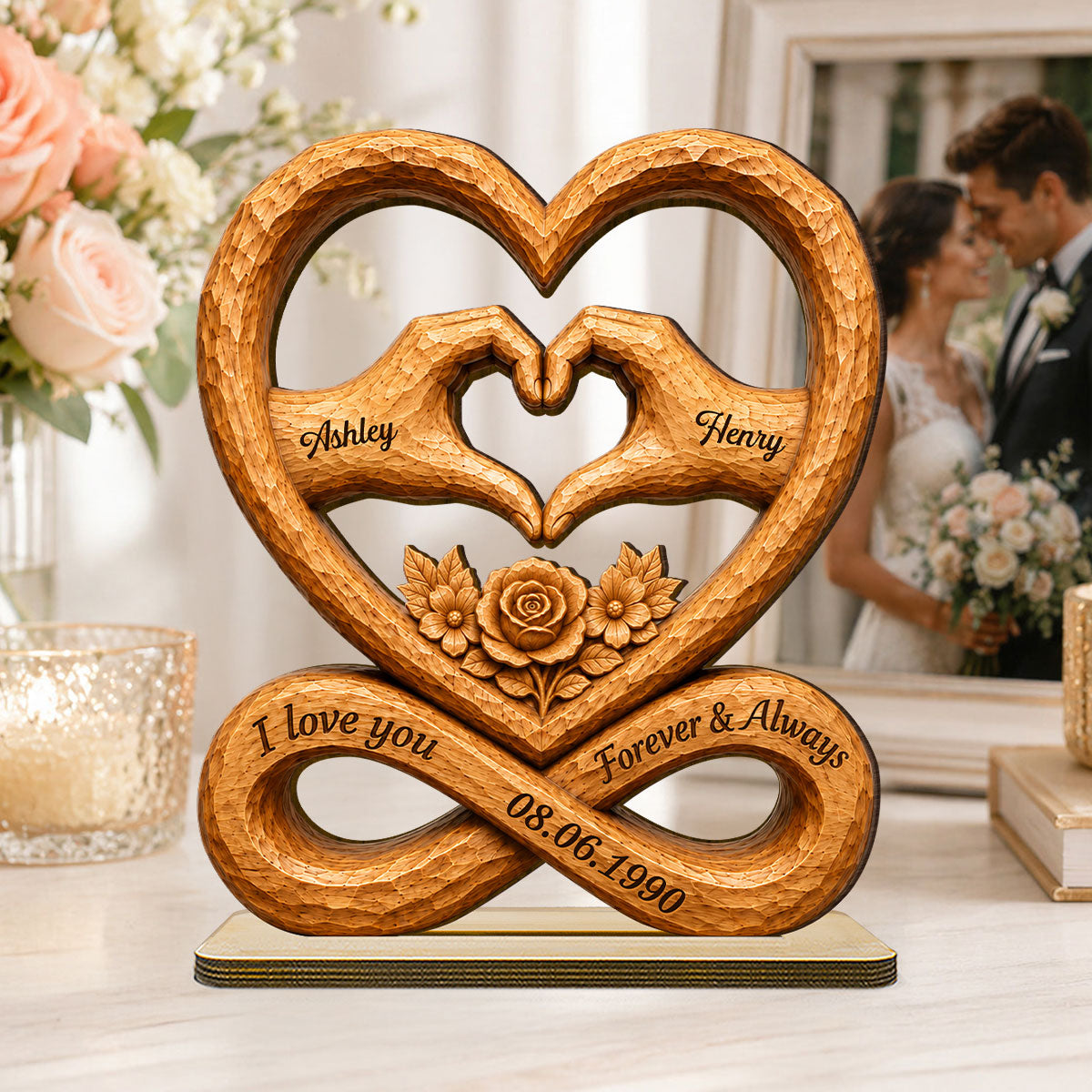 Couple Heart Hands Forever Love Custom Date - Personalized 2-Layered Wooden Plaque - Anniversary Gift, Wedding Gift For Couple