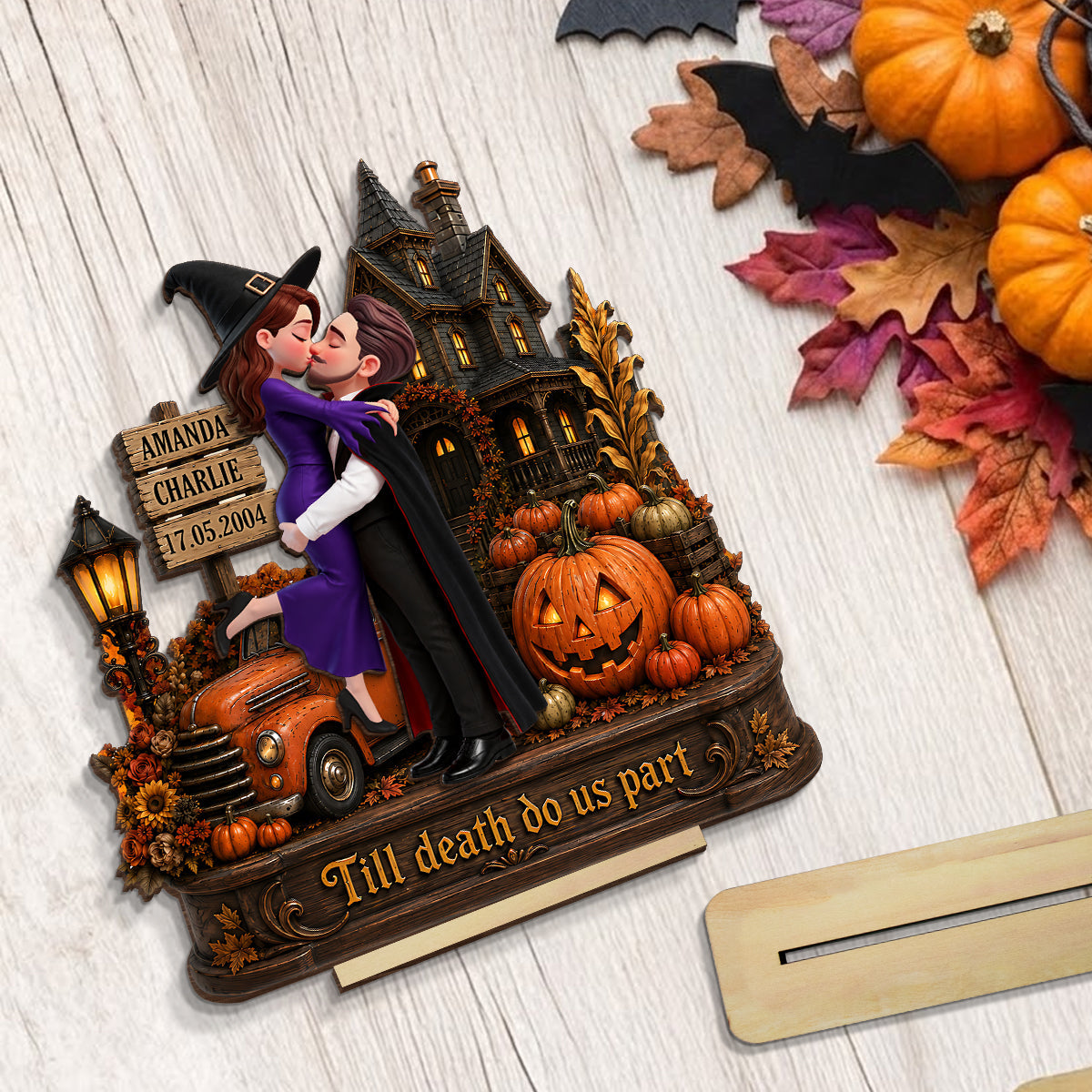 Couple Halloween Haunted House - Personalized 2-Layered Wooden Plaque - Halloween Decor Keepsake for Her, for Him