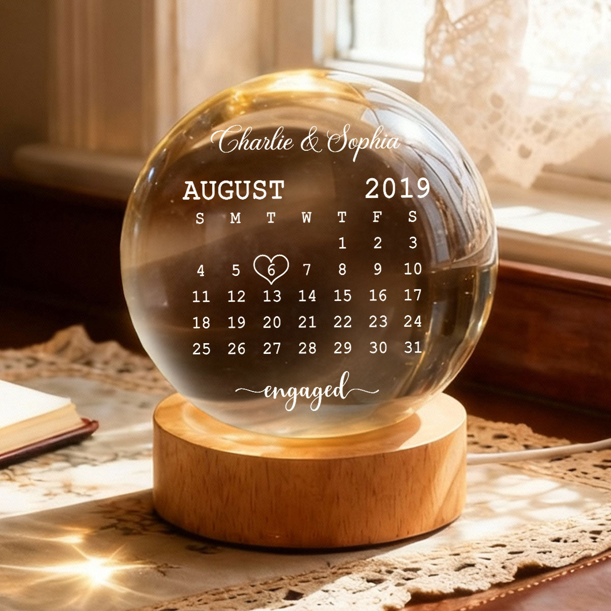 Calendar Engagement Couple - Personalized Crystal Ball LED Night Light - Anniversary, Valentine's Day Gift, Gift For Him, Gift For Her