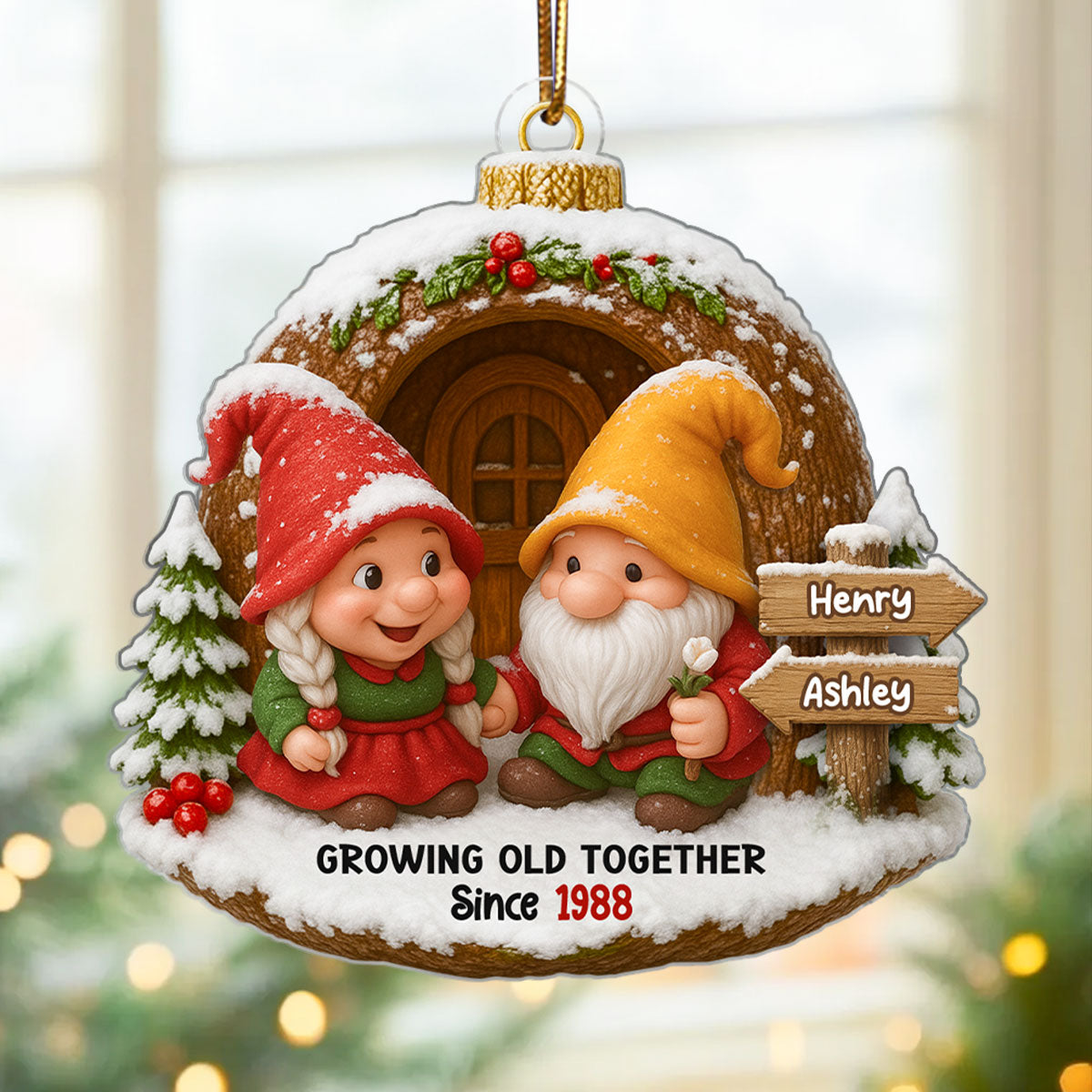 Christmas Gnome Couple Custom Name Sign Post - Personalized Acrylic Ornament - Christmas Gift for Old Couple
