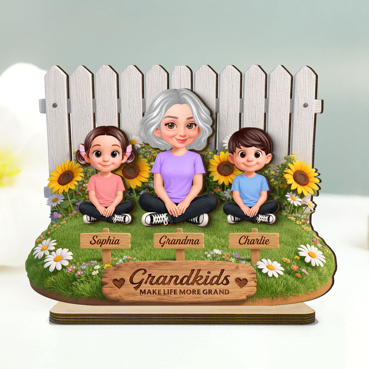 Together by the Fence Grandma Grandkids - Personalized 2-Layered Wooden Plaque - Gift For Grandma