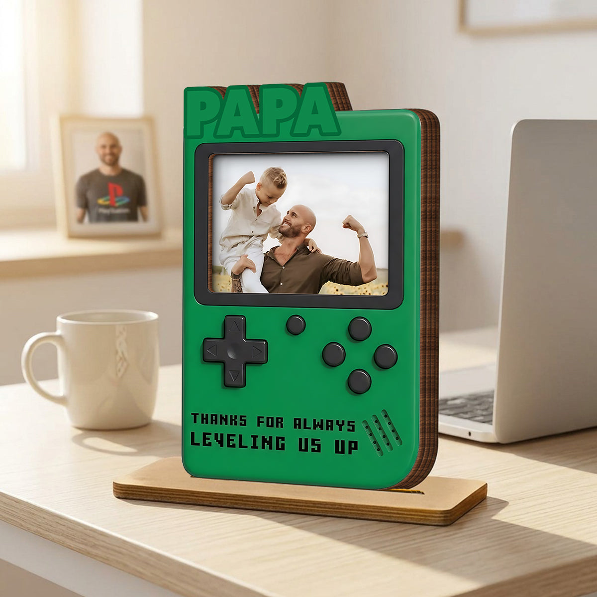 Thanks For Always Leveling Us Up Gamer Dad - Personalized 2-Layered Wooden Plaque - Heartfelt Gift For Dad, Husband