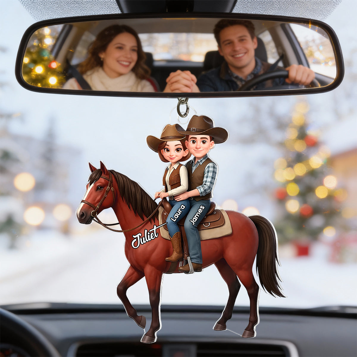 3D Effect Couple And Their Horse - Personalized Acrylic Car Hanger - Valentine's Gift For Couple, For Horse Lovers