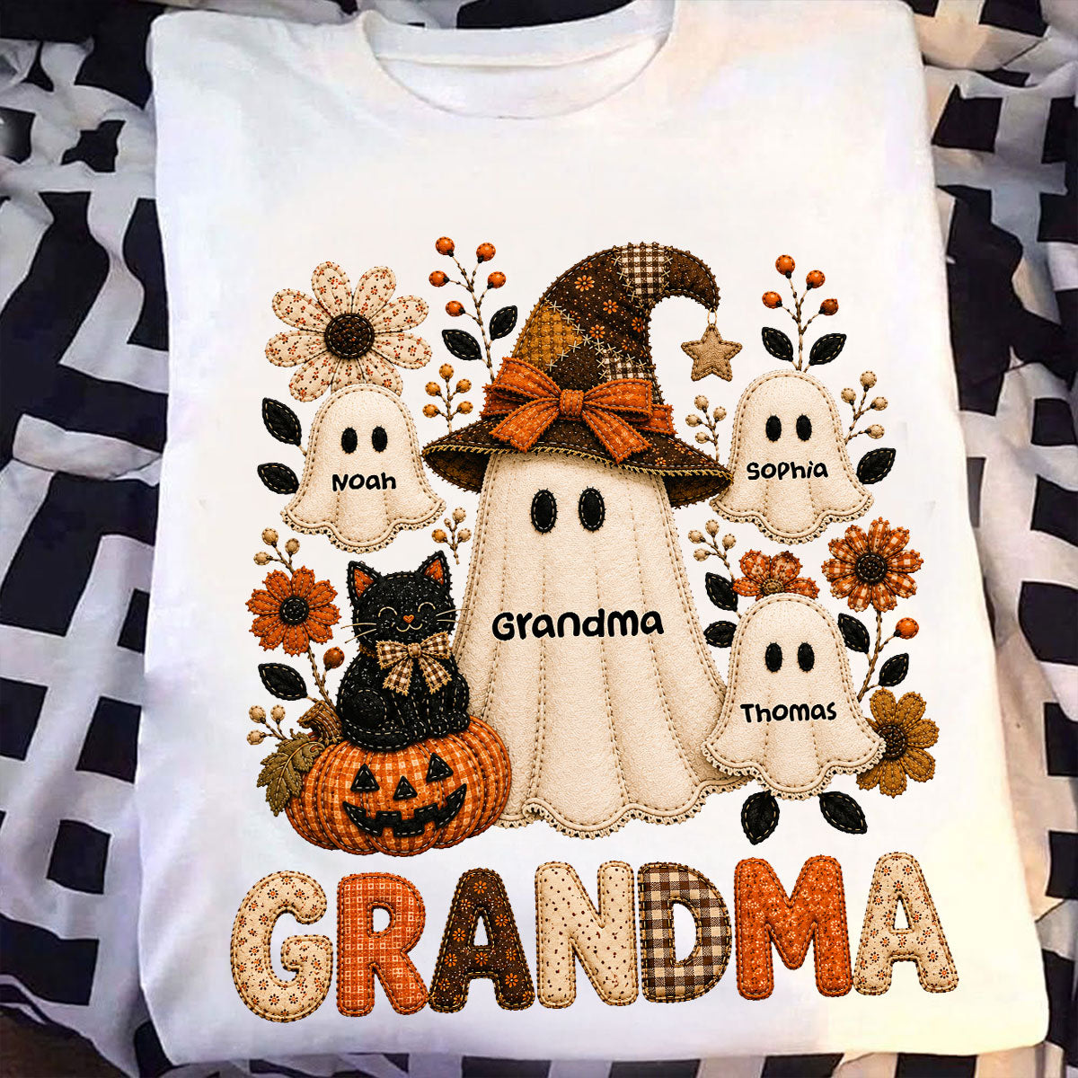 Cute Grandma Boo Witch Fall Season Halloween Faux Patchwork Pattern Coquette - Personalized Shirt - Halloween Gift For Grandma