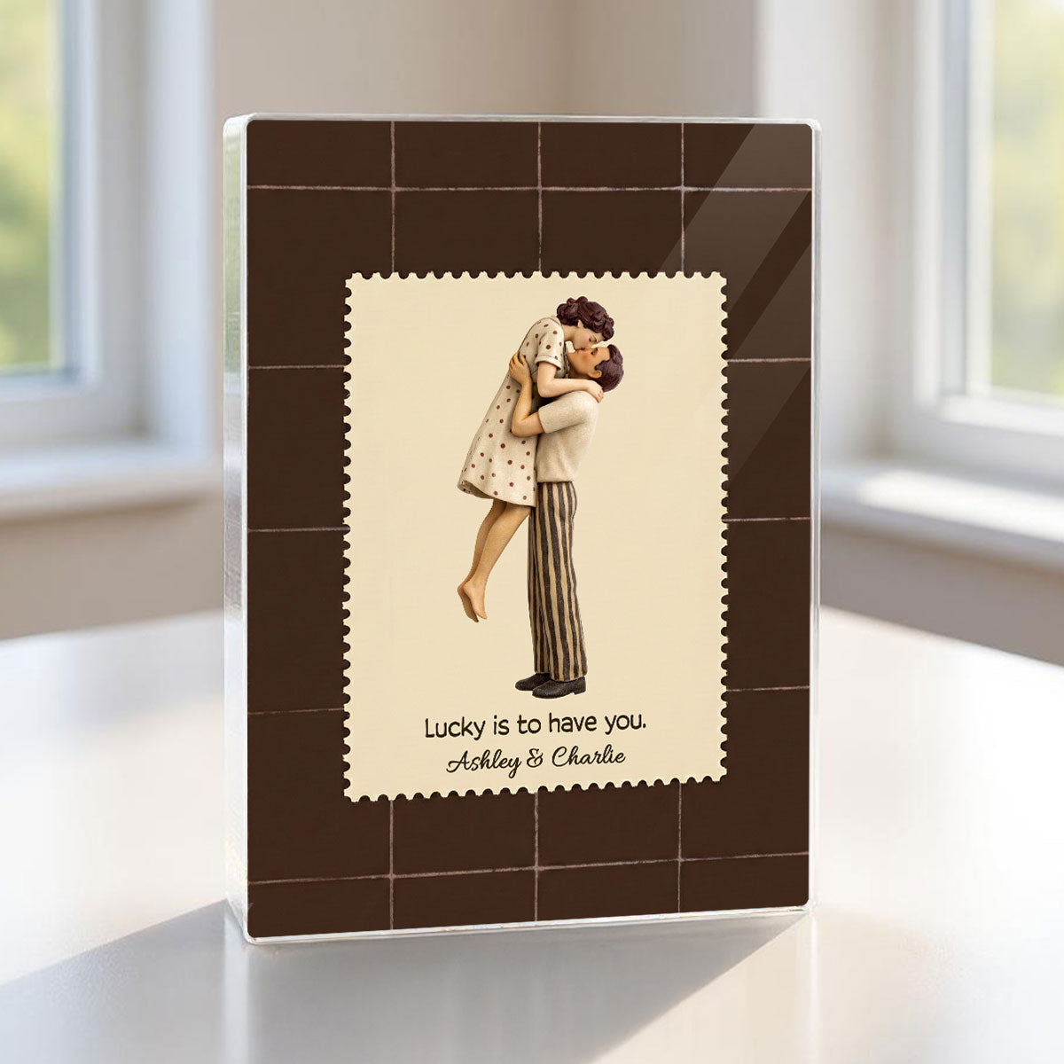Lucky Is To Have You Mid-Century Couple - Personalized Acrylic Block Plaque - Anniversary, Valentine's Day Gift, Gift For Him, Gift For Her