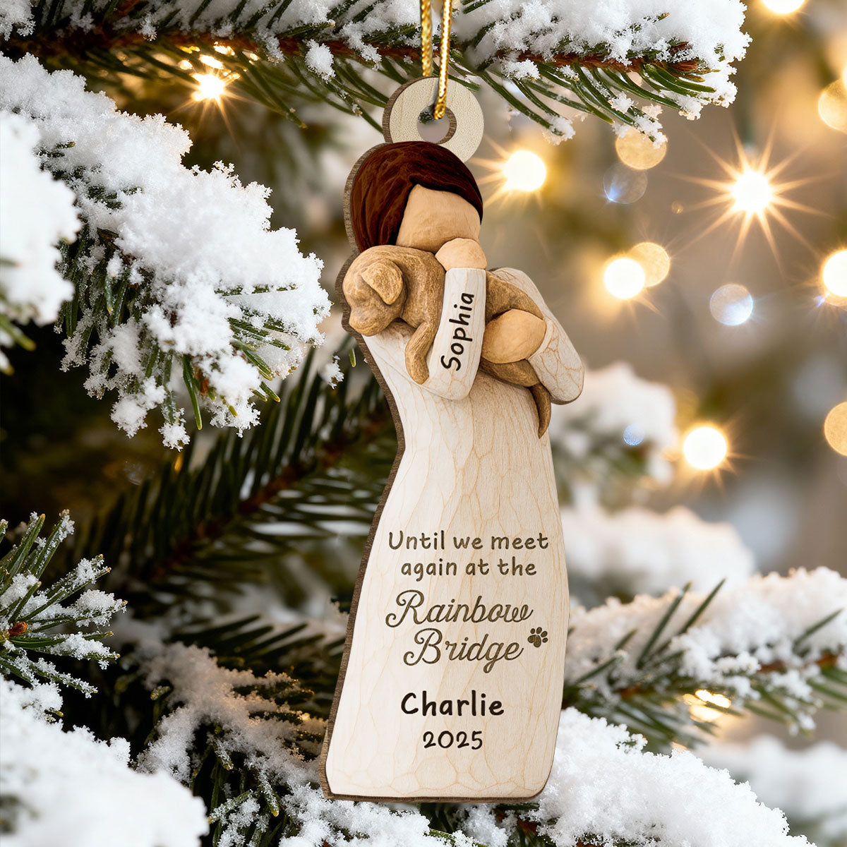 Until We Meet At Rainbow Bridge Woman & Dog 3D Effect - Personalized Wooden Ornament - Memorial Keepsake