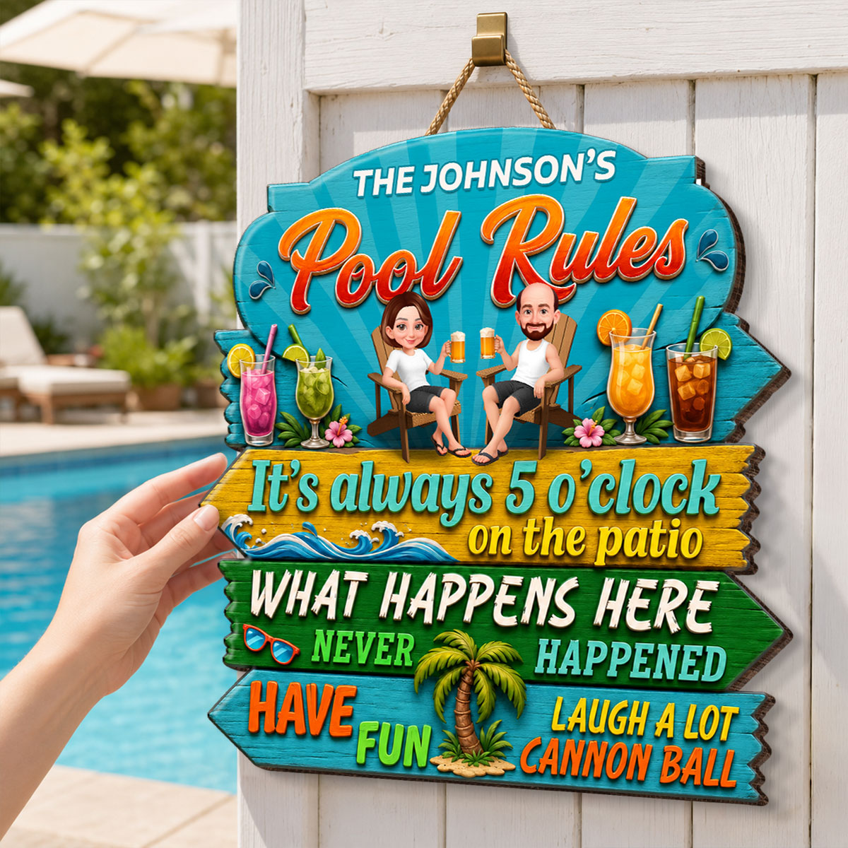Family Pool Rules Sign Tropical - Personalized Wood Sign - Gift For Grandpa, Grandma, Summer Decorations
