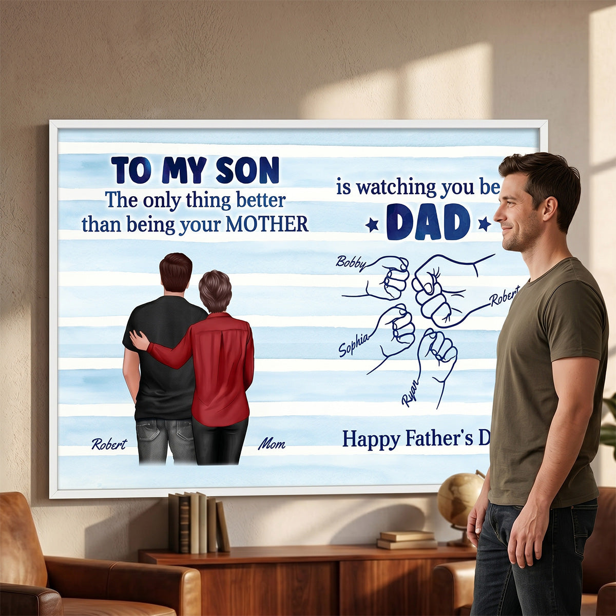 From Mom Dad To Son Watching You Be A Dad Blue Stripe Theme - Personalized Poster - Father's Day Gift For Son