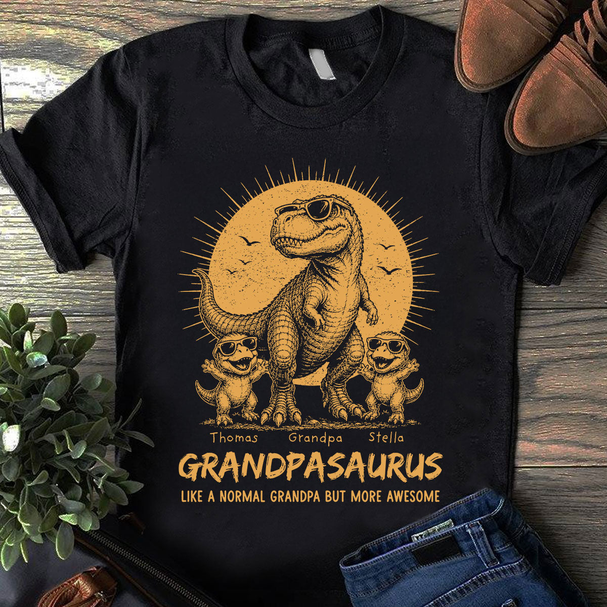 Retro Yellow Vintage Grandpasaurus - Personalized Shirt - Funny Father's Day Gift For Dad, Husband