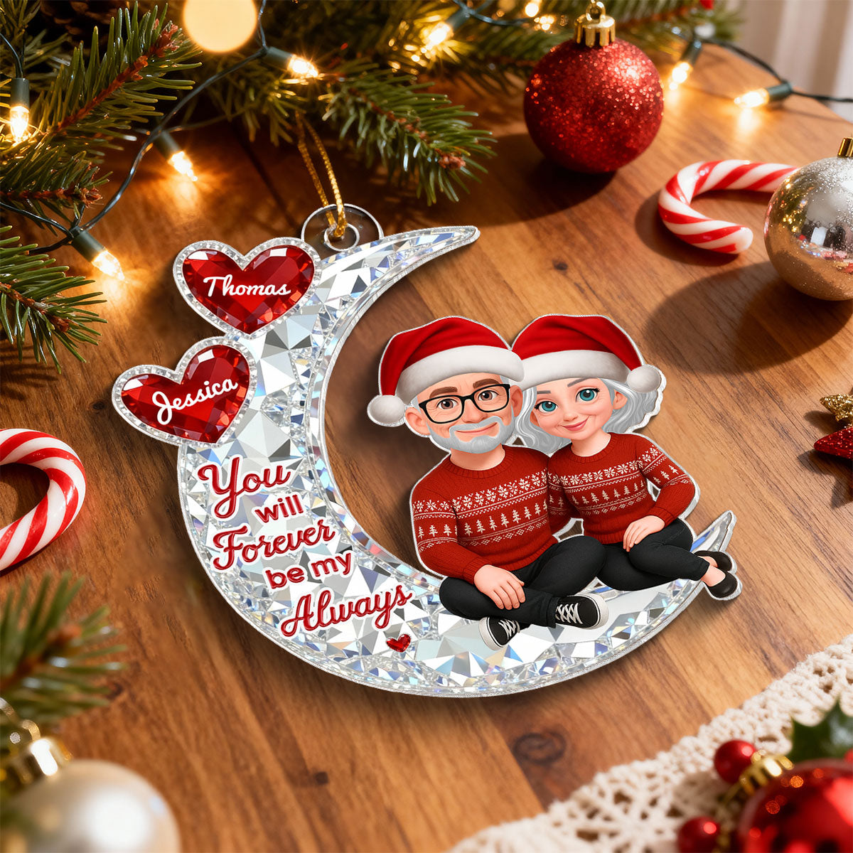 3D Effect Flat Couple Sitting On Moon - Personalized Acrylic Ornament - Heartfelt Gift For Couple, Gift For Him, For Her