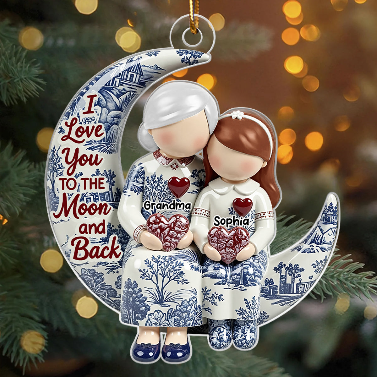 Grandma Grandkids on Moon Toile de Jouy Pattern - Personalized Acrylic Ornament - Sentimental Gift for Grandma