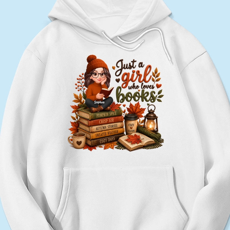 Cozy Autumn Girl Who Loves Books - Personalized Shirt - Fall Season Gift, Gift For Book Lovers