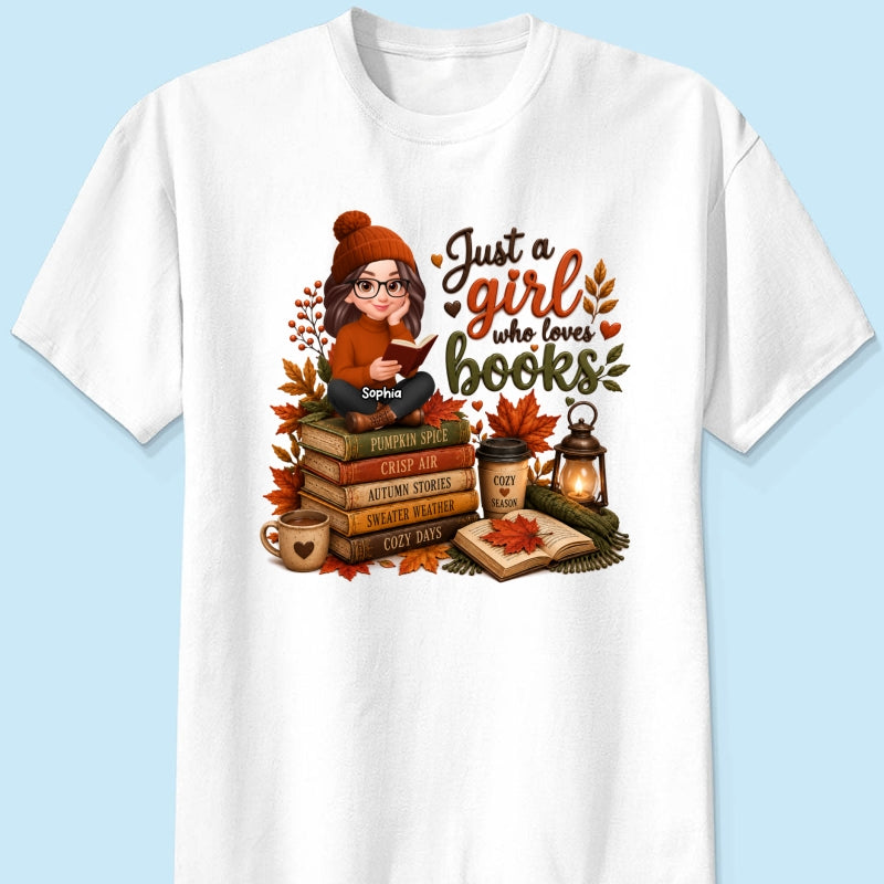 Cozy Autumn Girl Who Loves Books - Personalized Shirt - Fall Season Gift, Gift For Book Lovers