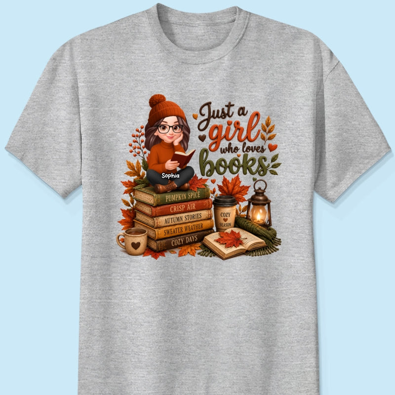 Cozy Autumn Girl Who Loves Books - Personalized Shirt - Fall Season Gift, Gift For Book Lovers