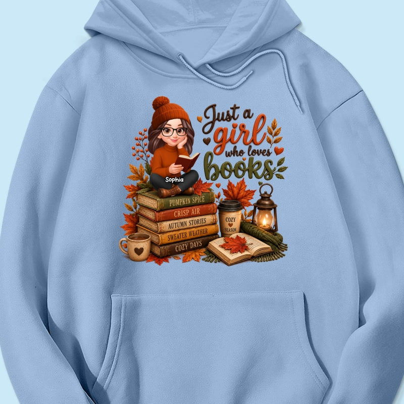 Cozy Autumn Girl Who Loves Books - Personalized Shirt - Fall Season Gift, Gift For Book Lovers