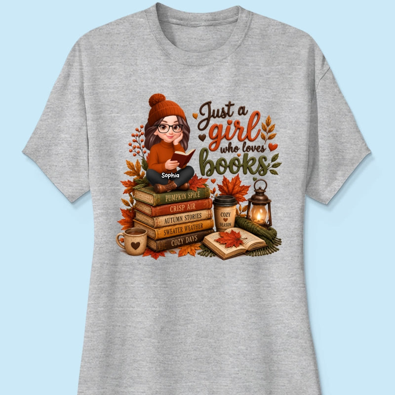 Cozy Autumn Girl Who Loves Books - Personalized Shirt - Fall Season Gift, Gift For Book Lovers