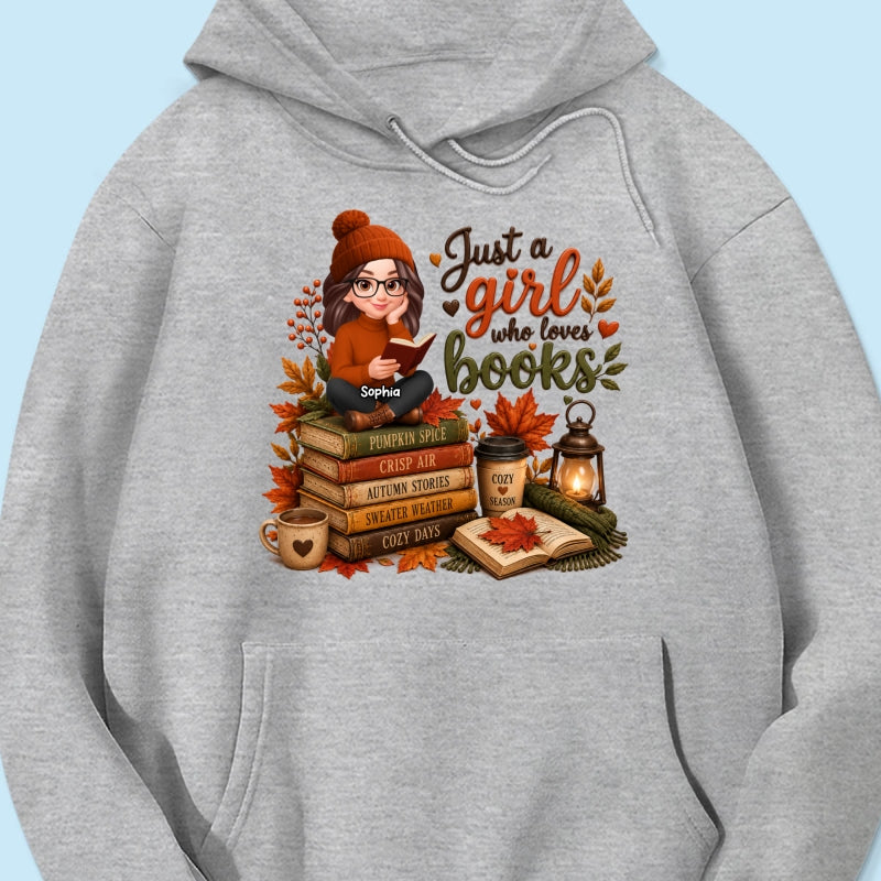 Cozy Autumn Girl Who Loves Books - Personalized Shirt - Fall Season Gift, Gift For Book Lovers