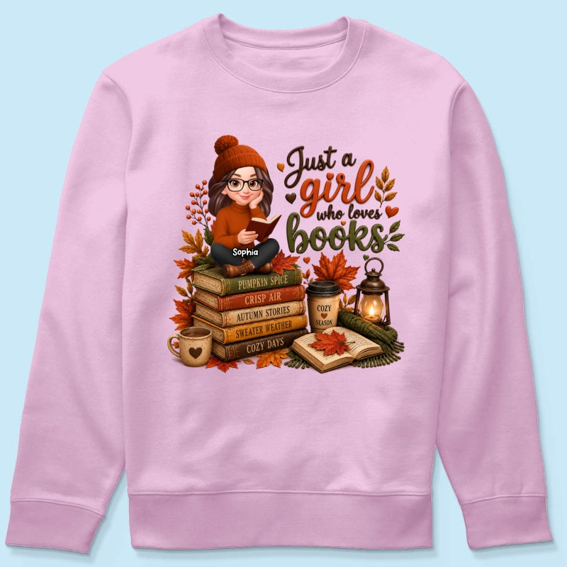 Cozy Autumn Girl Who Loves Books - Personalized Shirt - Fall Season Gift, Gift For Book Lovers