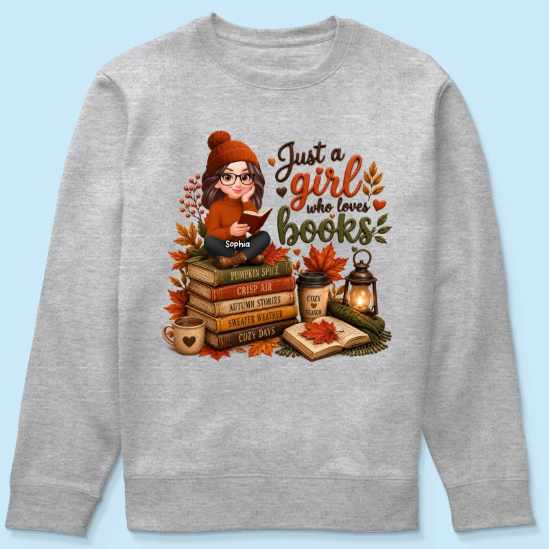 Cozy Autumn Girl Who Loves Books - Personalized Shirt - Fall Season Gift, Gift For Book Lovers