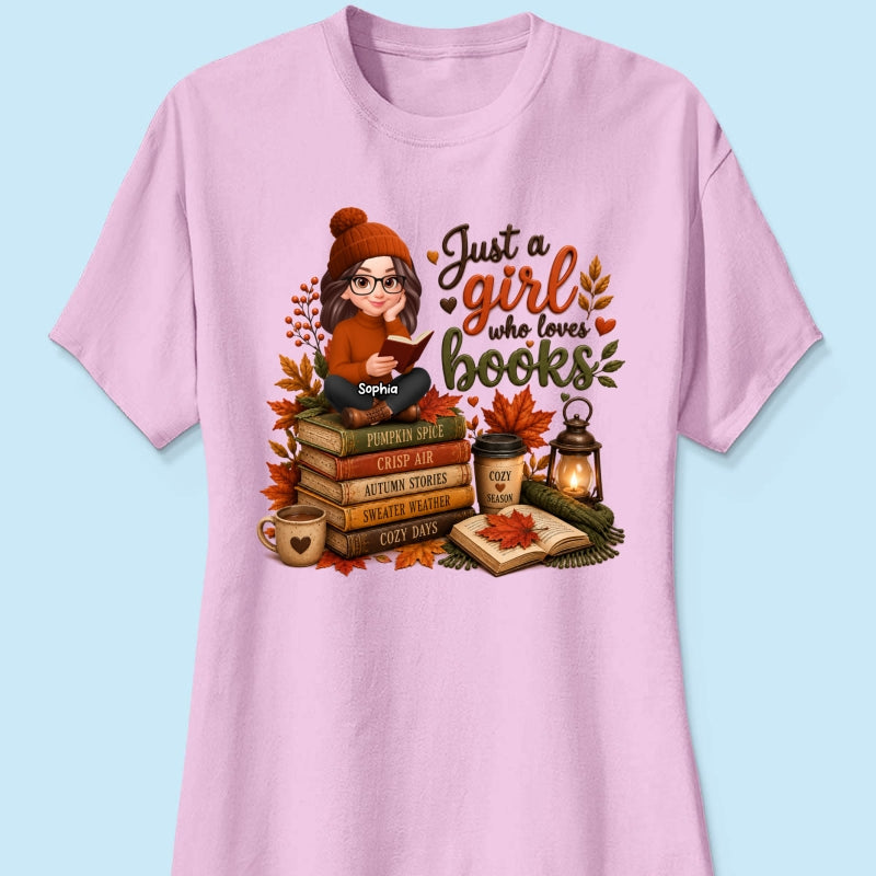 Cozy Autumn Girl Who Loves Books - Personalized Shirt - Fall Season Gift, Gift For Book Lovers