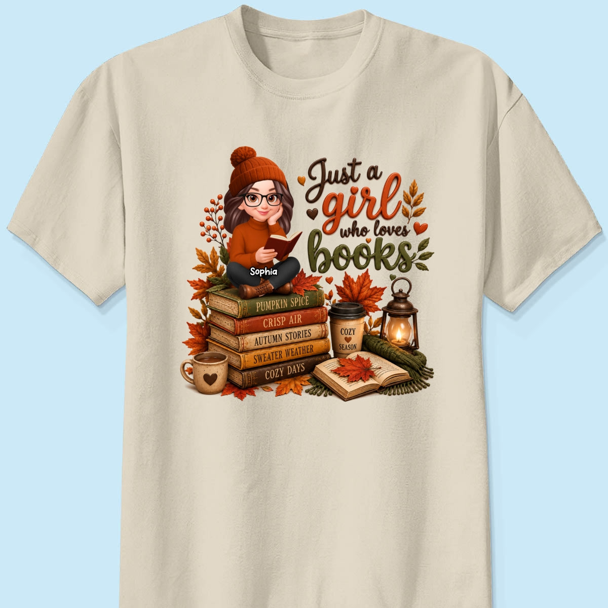 Cozy Autumn Girl Who Loves Books - Personalized Shirt - Fall Season Gift, Gift For Book Lovers