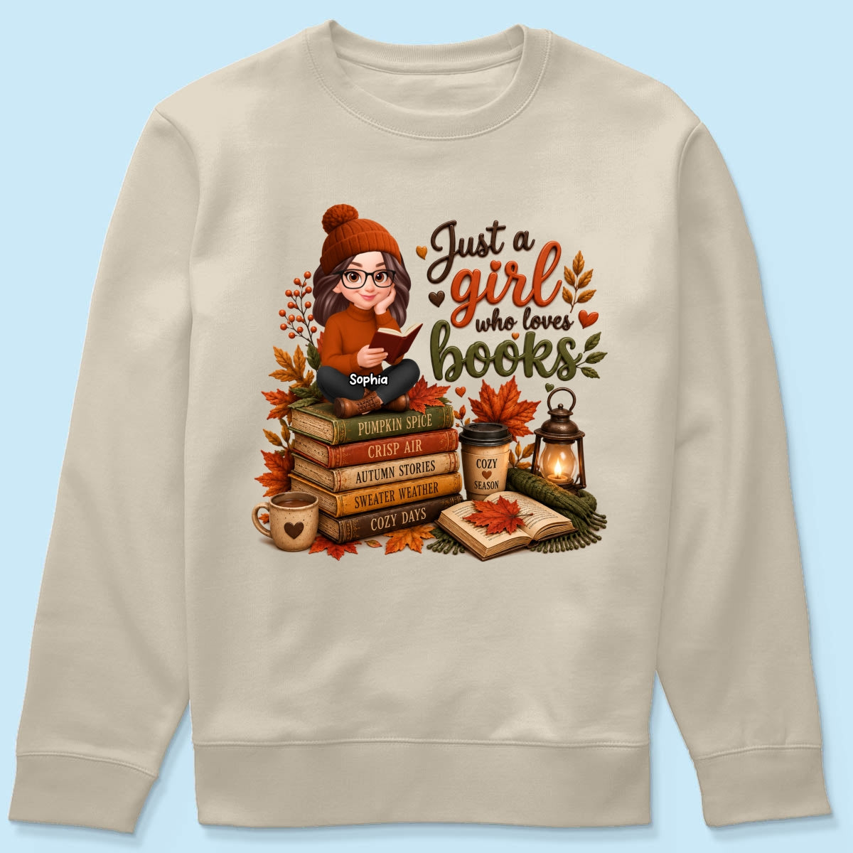 Cozy Autumn Girl Who Loves Books - Personalized Shirt - Fall Season Gift, Gift For Book Lovers