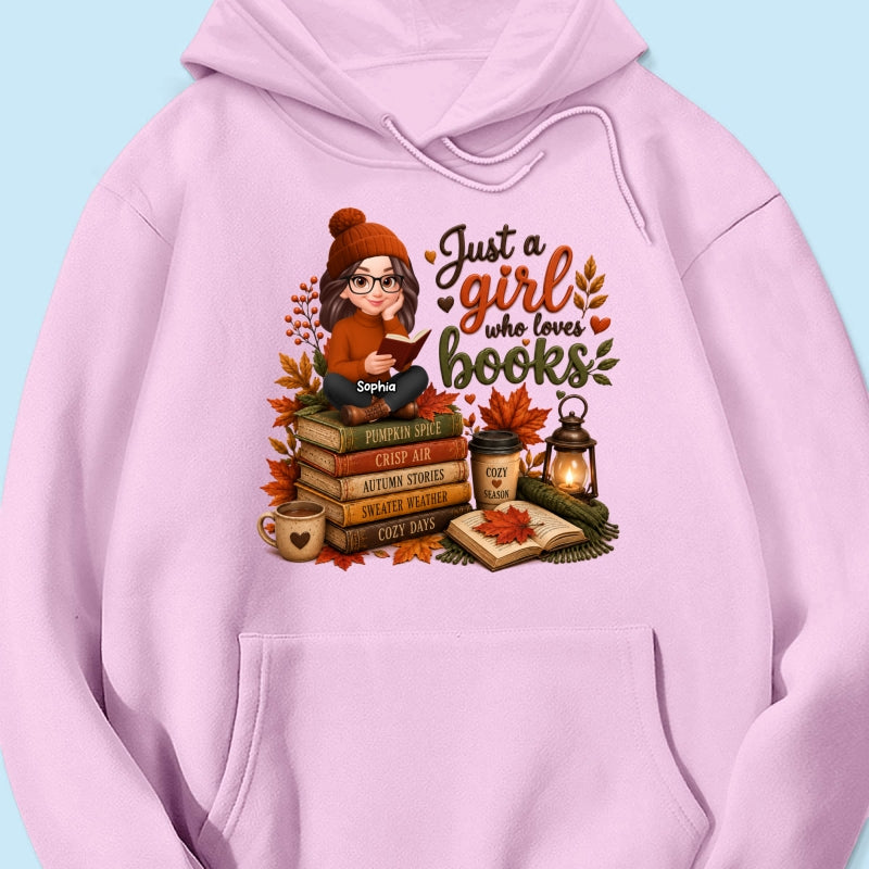 Cozy Autumn Girl Who Loves Books - Personalized Shirt - Fall Season Gift, Gift For Book Lovers