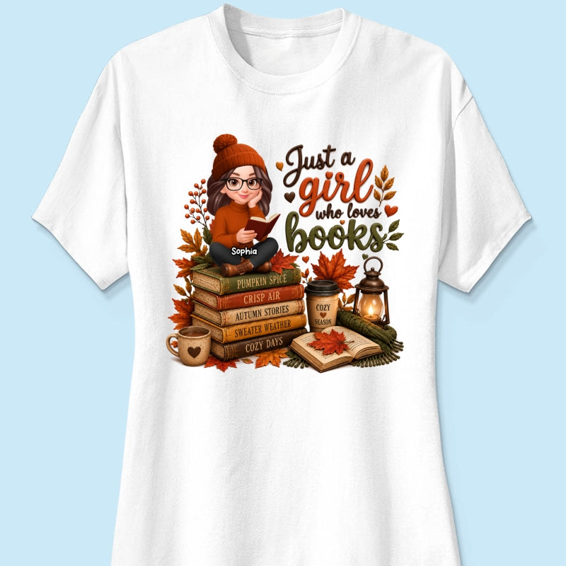 Cozy Autumn Girl Who Loves Books - Personalized Shirt - Fall Season Gift, Gift For Book Lovers