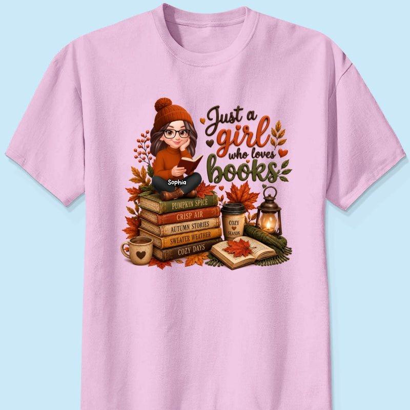 Cozy Autumn Girl Who Loves Books - Personalized Shirt - Fall Season Gift, Gift For Book Lovers