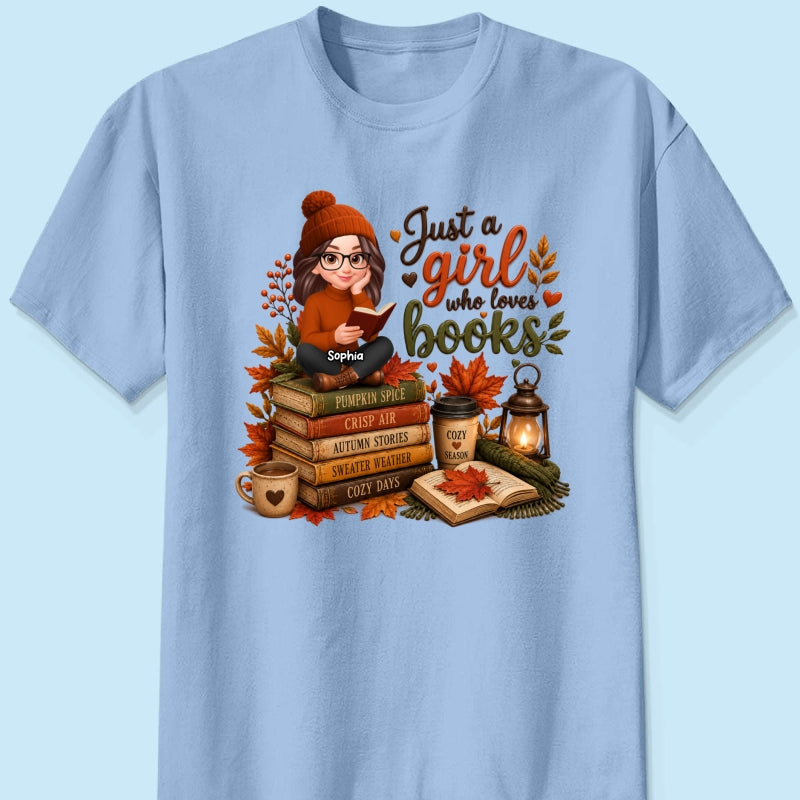 Cozy Autumn Girl Who Loves Books - Personalized Shirt - Fall Season Gift, Gift For Book Lovers