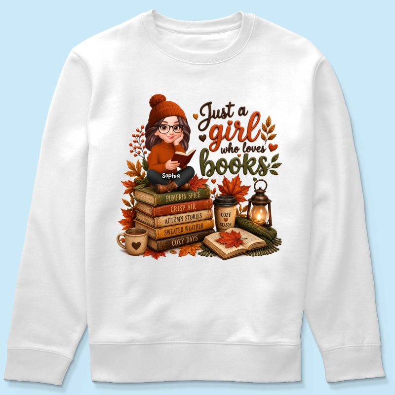 Cozy Autumn Girl Who Loves Books - Personalized Shirt - Fall Season Gift, Gift For Book Lovers