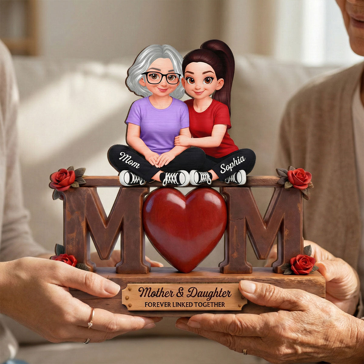 Rose MOM And Daughter Forever Linked Together - Personalized 2-Layered Wooden Plaque - Gift For Mom