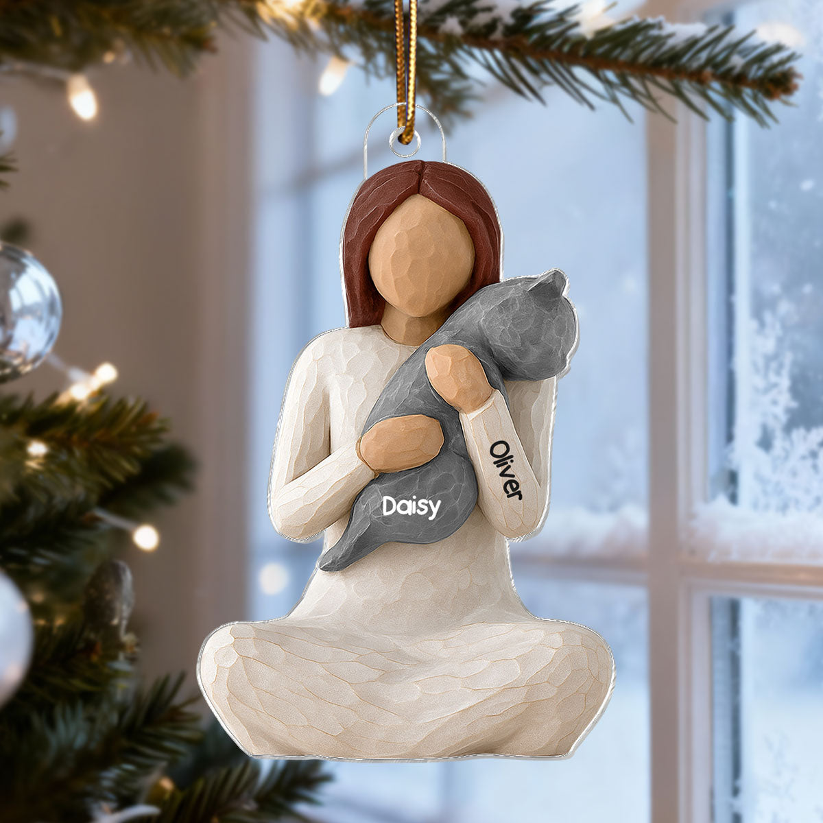 3D Effect Woman Hugging Cat - Personalized Acrylic Ornament - Christmas Gift For Cat Lovers, Cat Mom